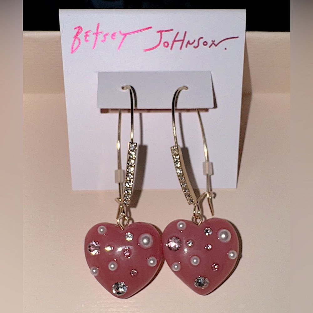 Auth BETSEY JOHNSON Pink Heart Pierced Earrings Crystals & Faux Pearls Gold Tone